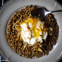 Lentils, caramelized onions, and poached egg